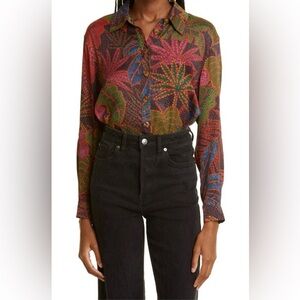 Farm Rio RAINFOREST BUTTON-UP SHIRT IN RAINFOREST BLACK Size XS Leaf Print